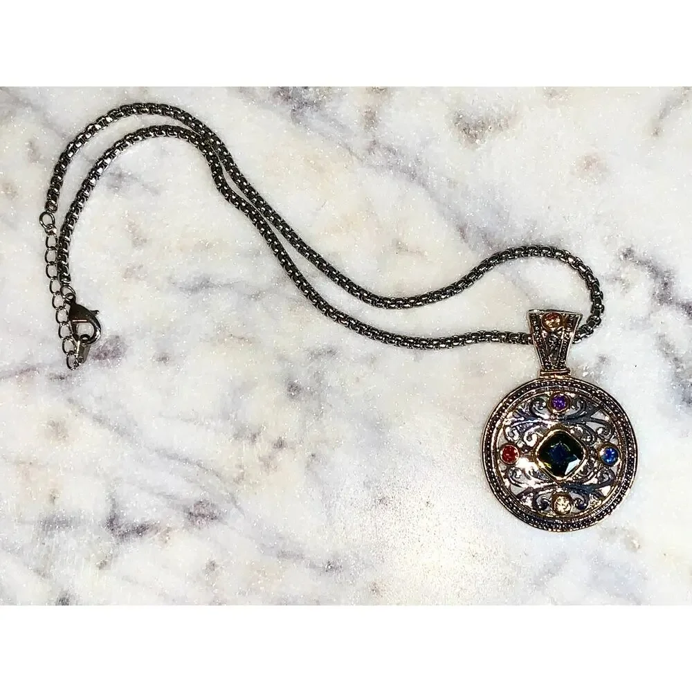Silver Tone Round Crystal Gemstone Locket Style Scroll Pendant Necklace